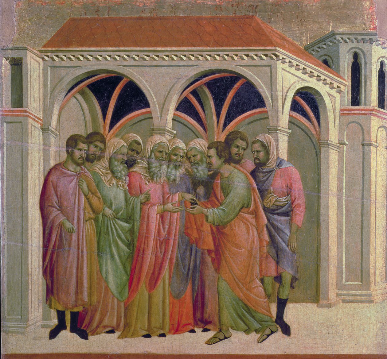 Maesta: Judas modtager tredive stykker sølv, 1308-11 af Duccio di Buoninsegna