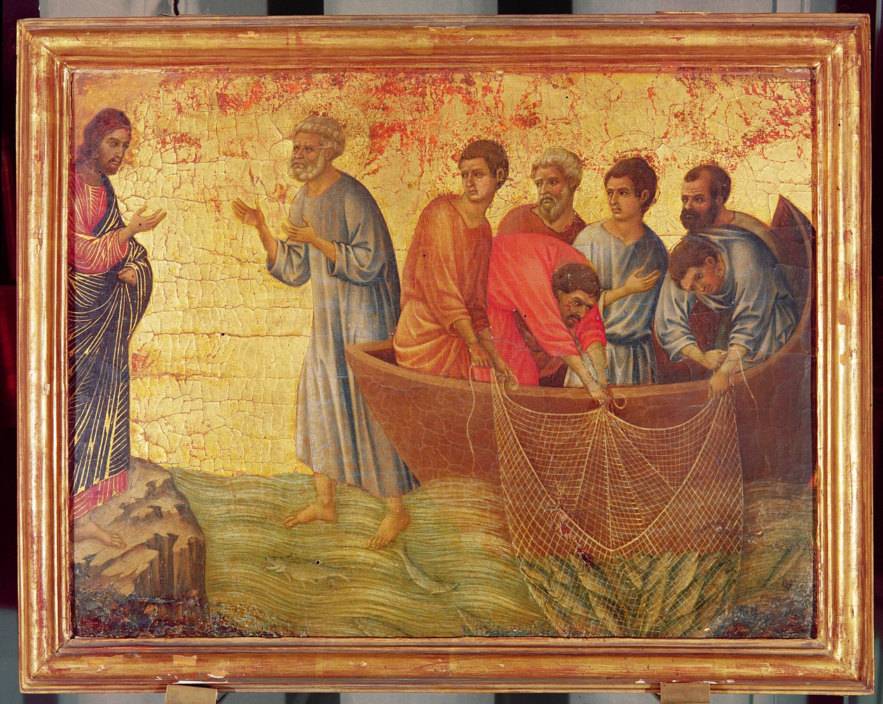 Åbenbaringen på Tiberiadesøen, fra historien om Kristus efter opstandelsen, bagsiden af Maesta-altertavlen, færdig 1311 (tempera på panel) af Duccio di Buoninsegna