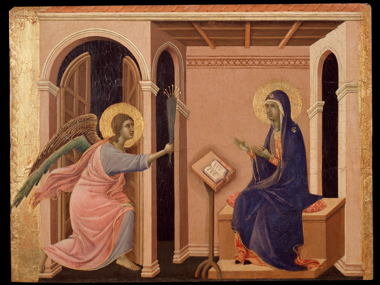 Meddelelse om Marias død. Predella of the Maesta (tempera på træ af Duccio di Buoninsegna