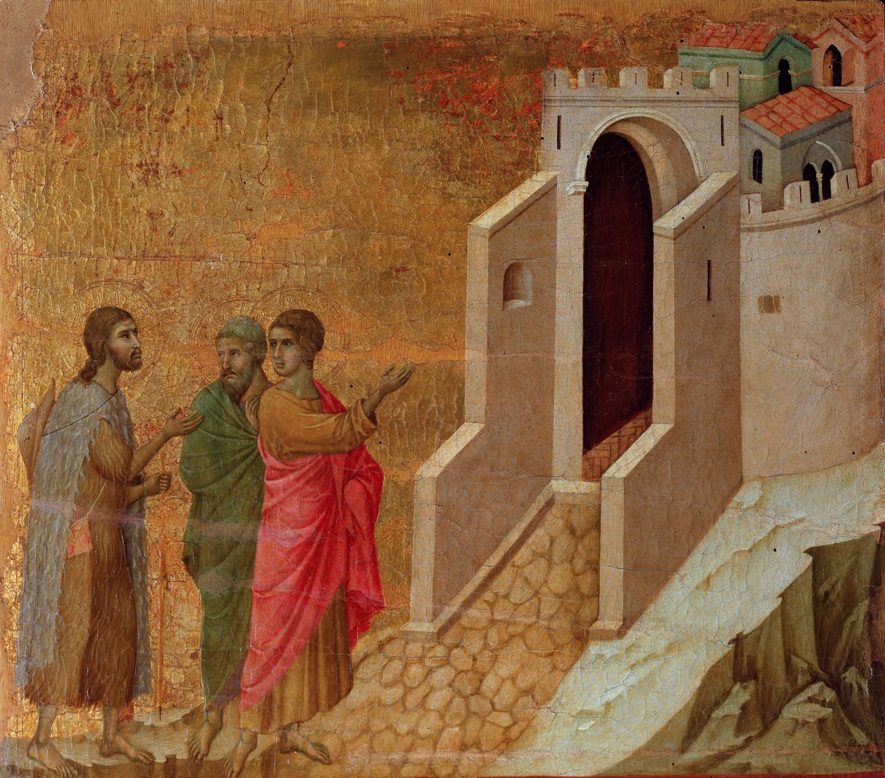 Kristus og pilgrimme ved portene til Emmaus by. Maesta altertavle (tempera og guld på træ af Duccio di Buoninsegna