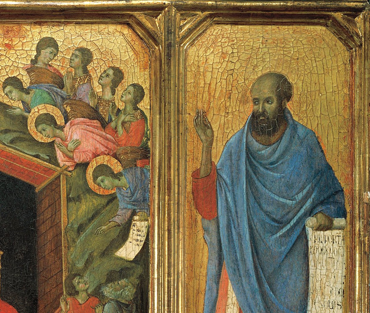 Detalje af Predella panel, alterstykke af Maesta di Siena. (olie på bord). af Duccio di Buoninsegna