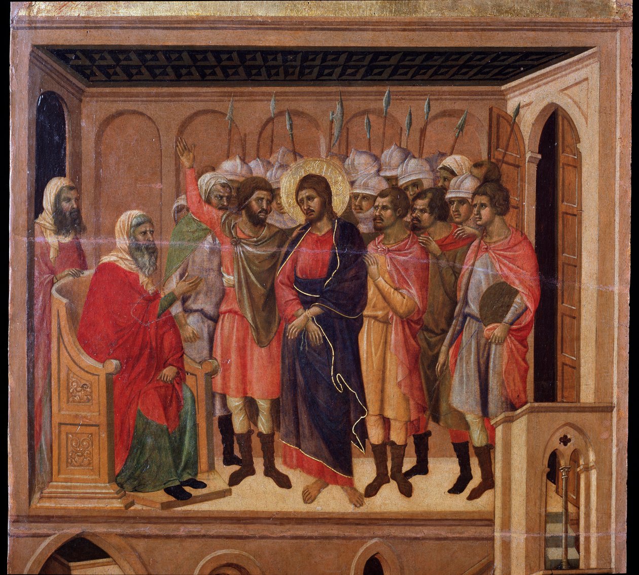 Jesus foran Annas. Maesta altertavle (tempera og guld på træ af Duccio di Buoninsegna