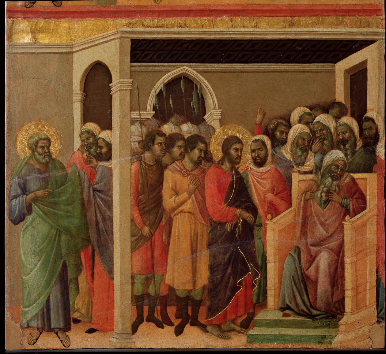 Jesus foran Kajfas. Maesta altertavle (tempera og guld på træ af Duccio di Buoninsegna