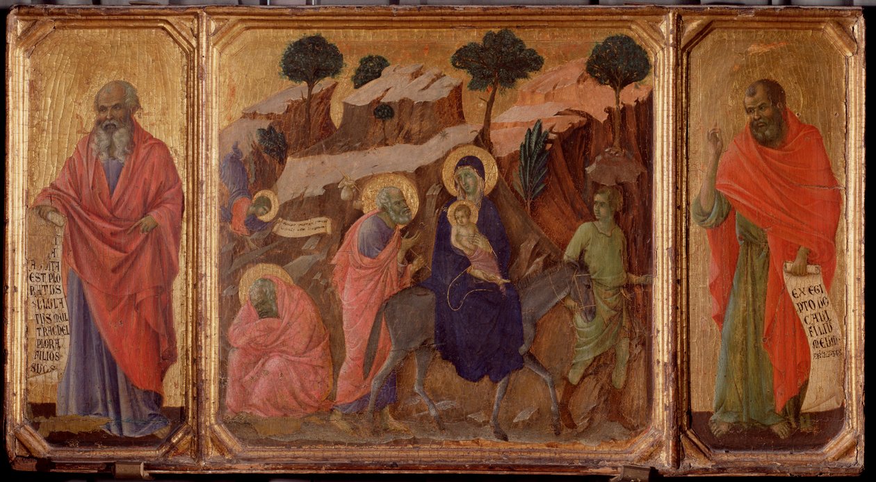 Kristi liv: Flugt til Egypten med profeterne Jeremias og Hosea. Predella of the Maesta (tempera på træ af Duccio di Buoninsegna