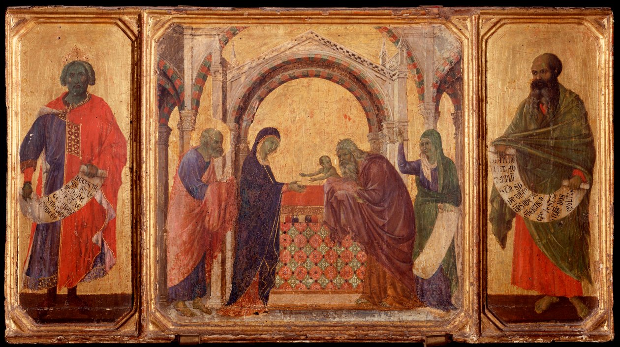 Kristi liv: Kong Salomon, præsentationen i templet, Malakias. Predellla af La Maesta (tempera på træ af Duccio di Buoninsegna