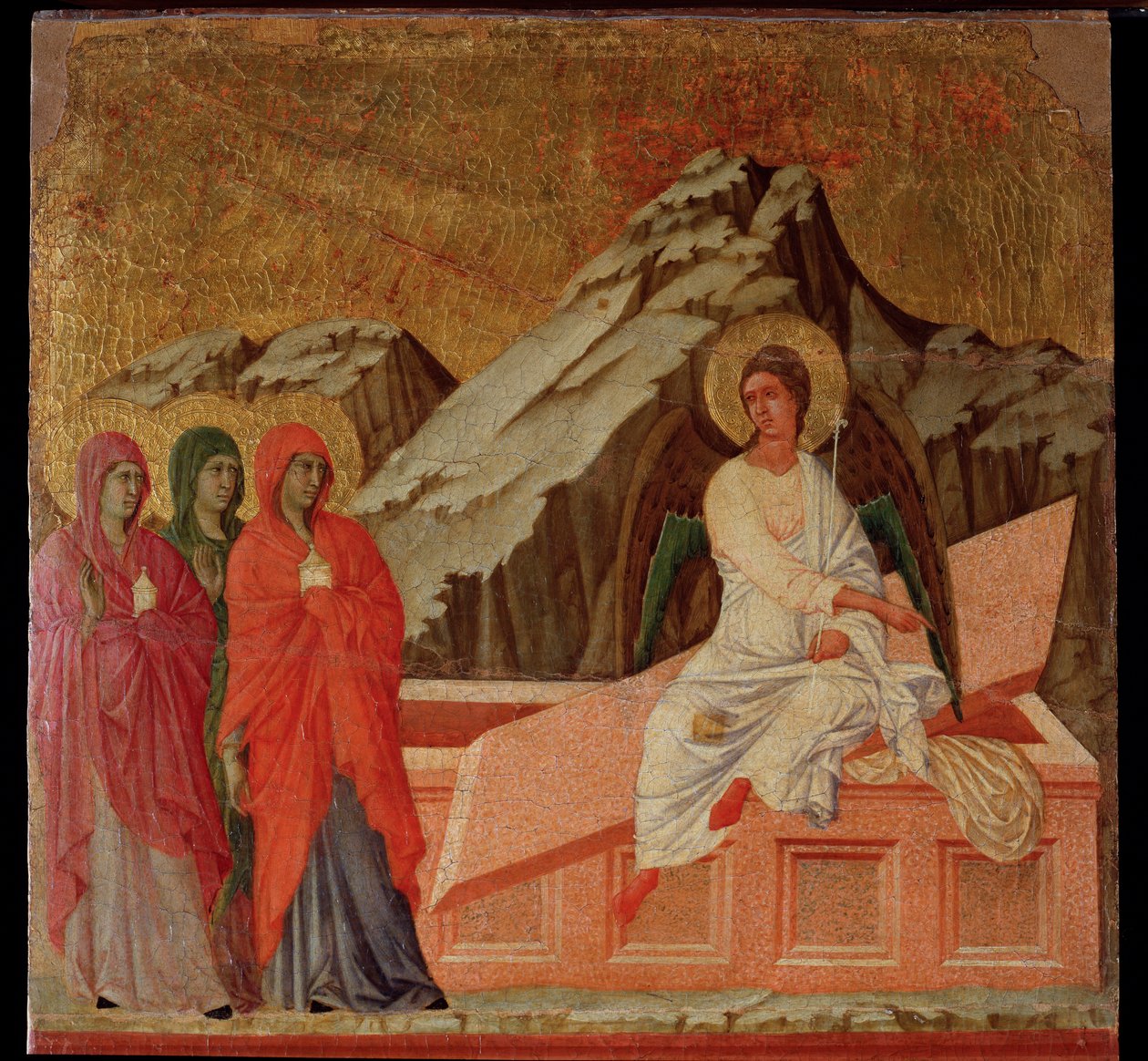 Passion: Maries ved graven. Maesta altertavle (tempera og guld på træ af Duccio di Buoninsegna