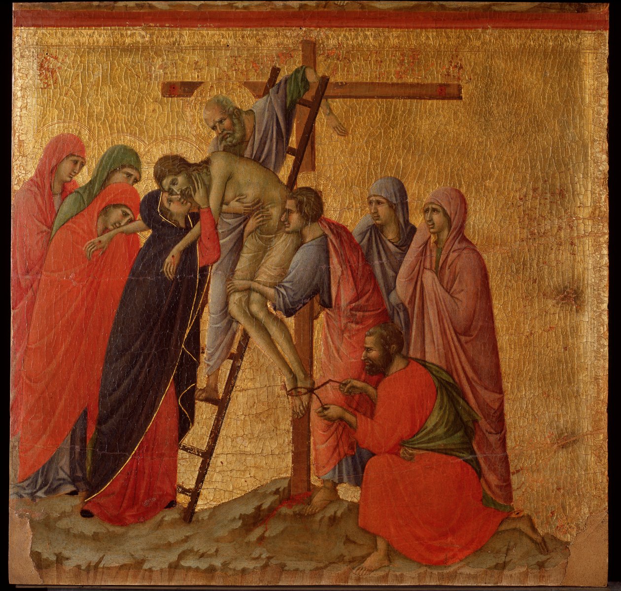 Passion: aflejringen. Maesta altertavle (tempera og guld på træ af Duccio di Buoninsegna