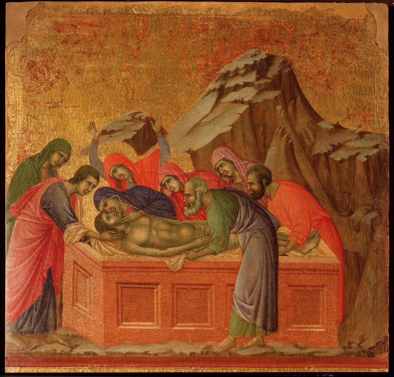 Lidenskab: begravelsen. Maesta altertavle (tempera og guld på træ af Duccio di Buoninsegna