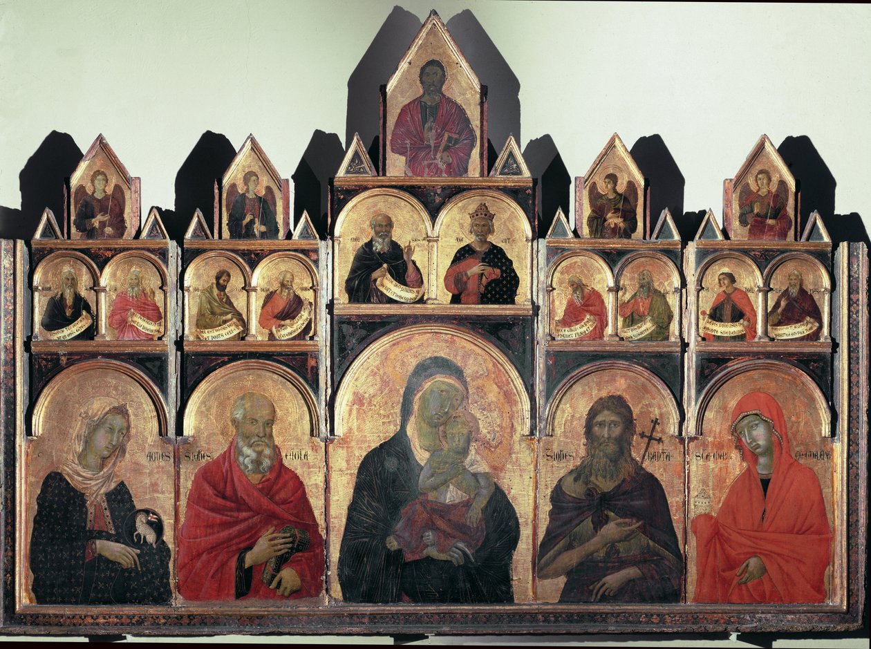 Polyptykon nr. 47 - St. Agnese, St. John, jomfru med barn, St. Johannes Døberen og St. Maria Magdalena - tempera på panel af Duccio di Buoninsegna