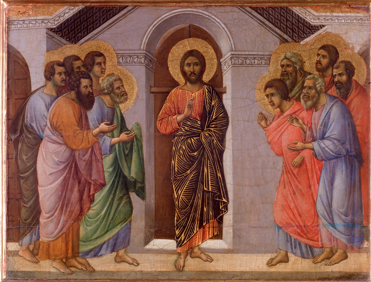 Den opstandne Jesus viser sig for apostlene. Maesta altertavle (tempera og guld på træ af Duccio di Buoninsegna