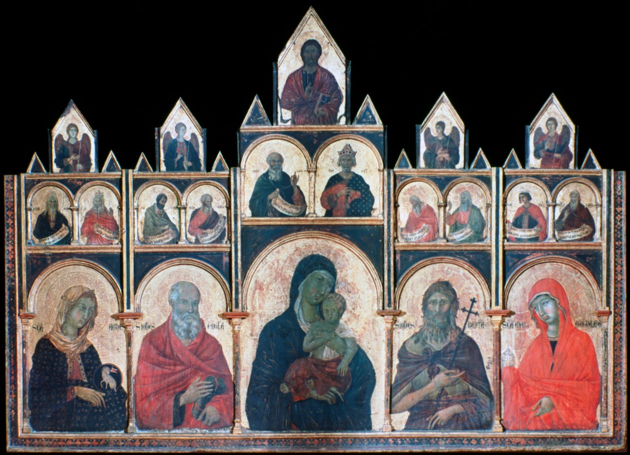 Den hellige jomfru med Kristusbarnet og de hellige, c1278-1318 af Duccio di Buoninsegna