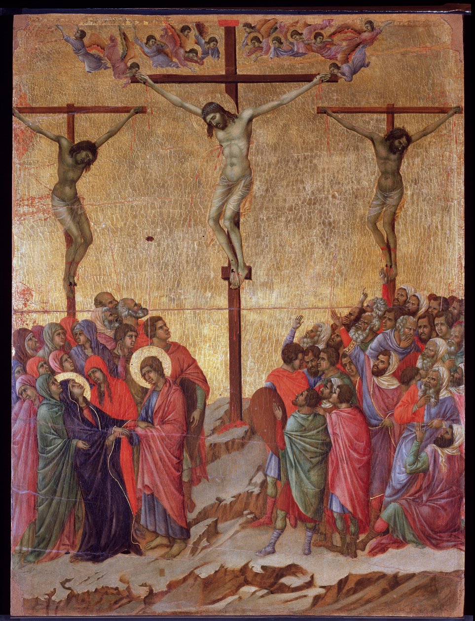 Korsfæstelsen. På siderne den gode tyv (Dismas) og den ubodfærdige tyv (Gestas). Maesta altertavle (tempera og guld på træ af Duccio di Buoninsegna