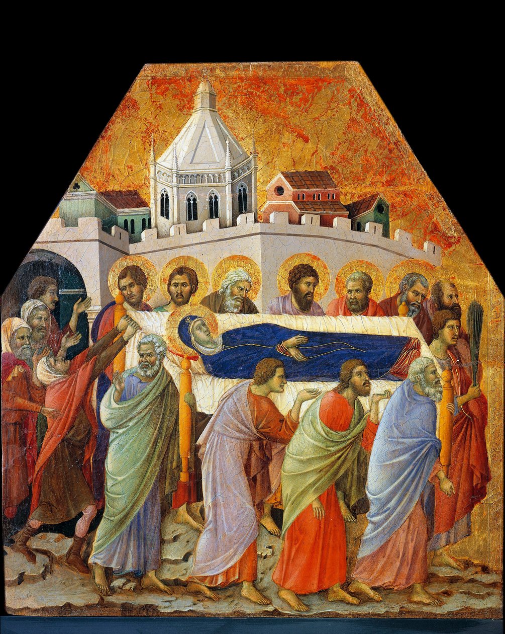 Jomfruens begravelse, Sankt Johannes med håndfladen åbner vejen (tempera på træ af Duccio di Buoninsegna