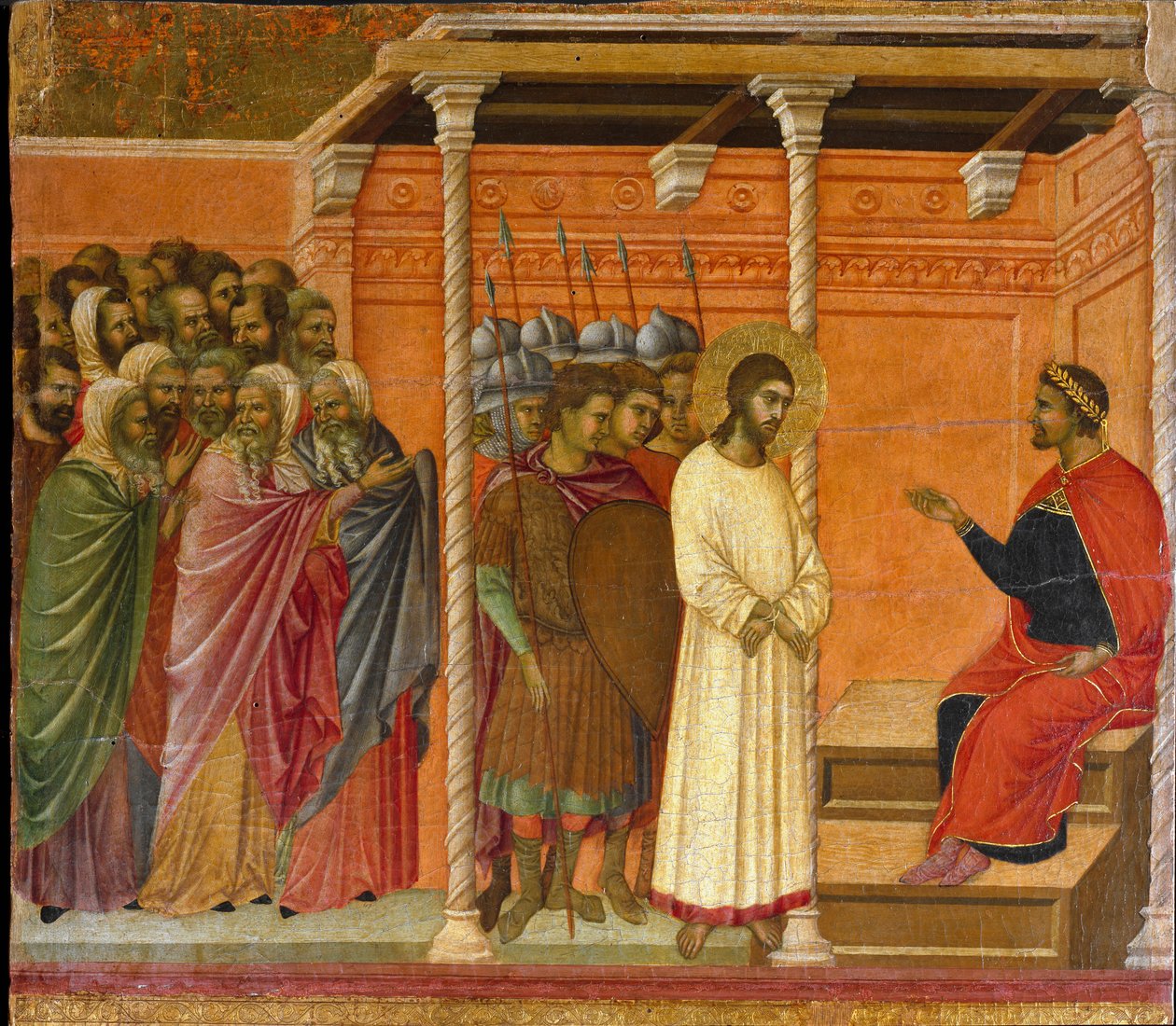 Det andet forhør af Kristus af Pontius Pilatus - Bagsiden af Maesta-altertavlen af Duccio di Buoninsegna