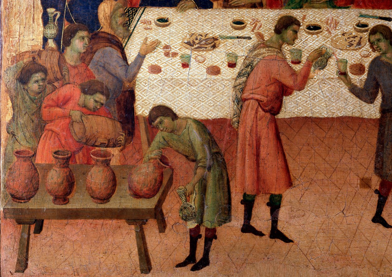 Brylluppet i Cana. Detalje, bagsiden af altertavlen (tempera og guld på træ af Duccio di Buoninsegna