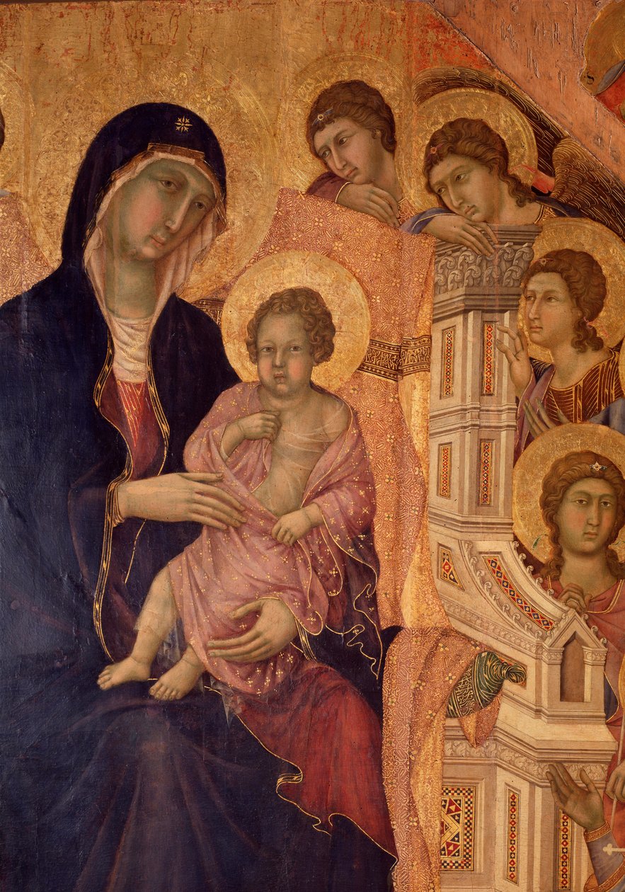 Jomfru og barn på tronen (La Maesta altertavle) (tempera og guld på træ) af Duccio di Buoninsegna