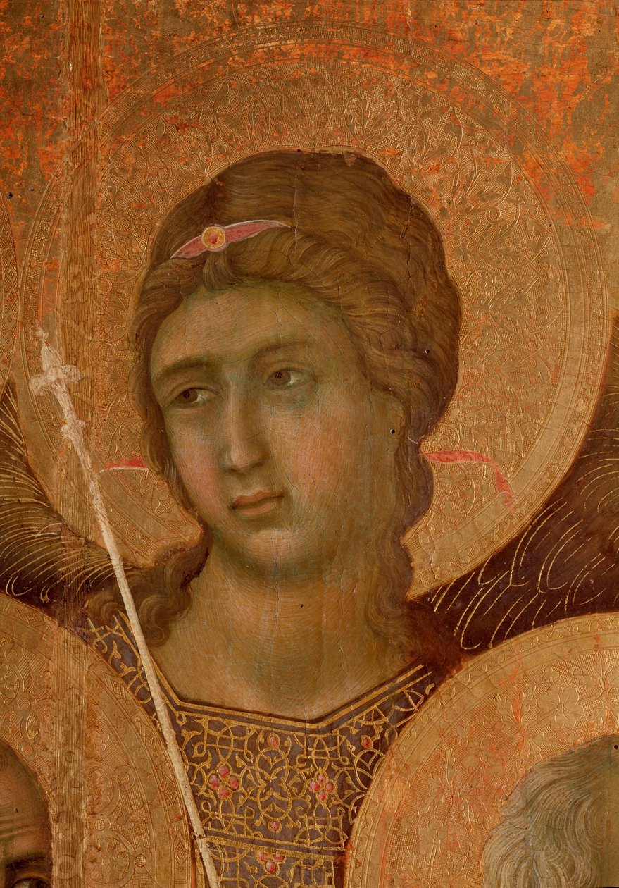Jomfru og barn på tronen. Detalje af La Maesta (tempera og guld på træ af Duccio di Buoninsegna