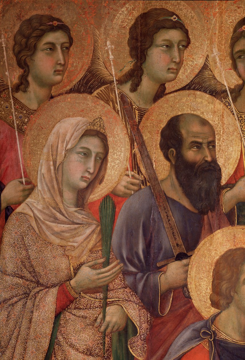 Jomfru og barn på tronen, detalje med den hellige Katarina af Alexandria og den hellige Paul. (La Maesta) (tempera og guld på træ af Duccio di Buoninsegna
