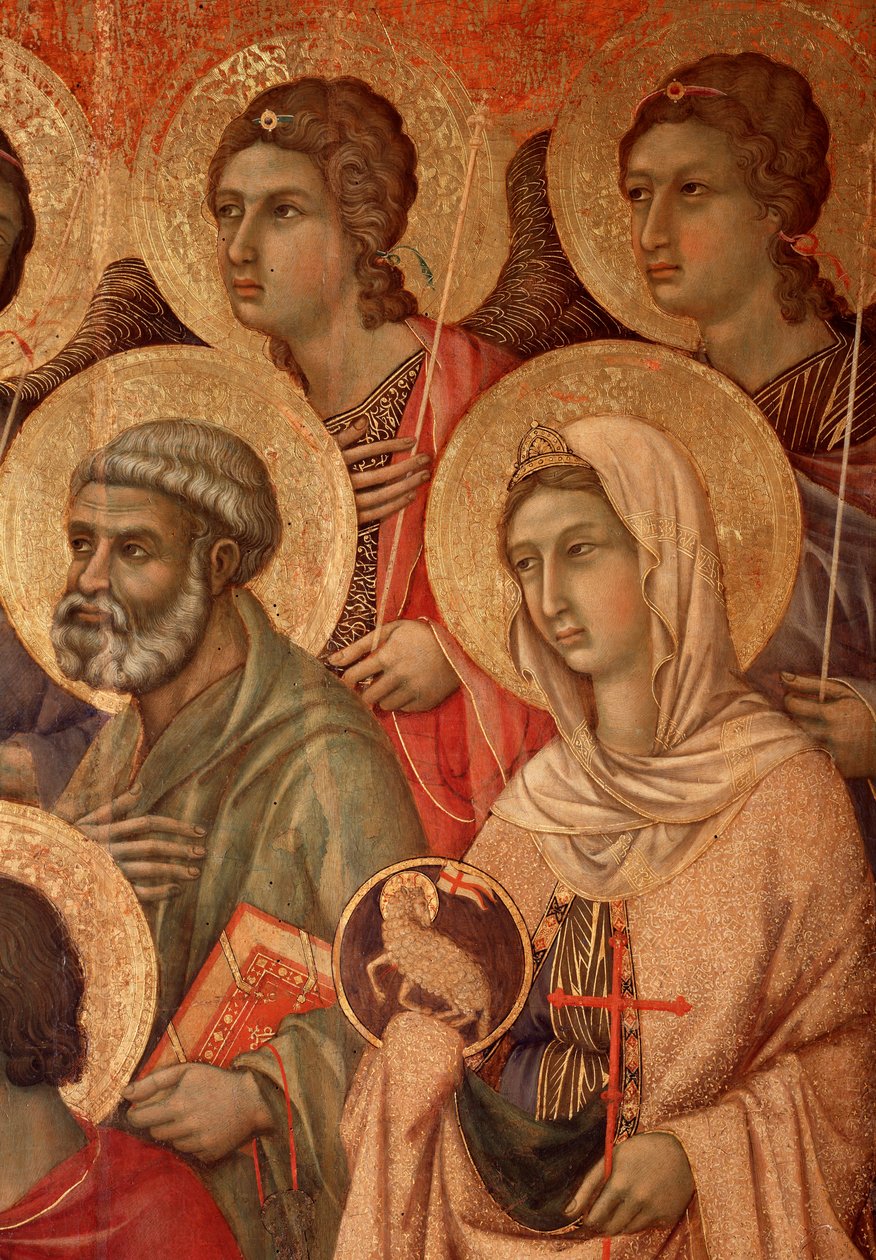 Jomfru og barn på tronen, detalje med den hellige Peter og den hellige Agnes (La Maesta) (tempera og guld på træ af Duccio di Buoninsegna