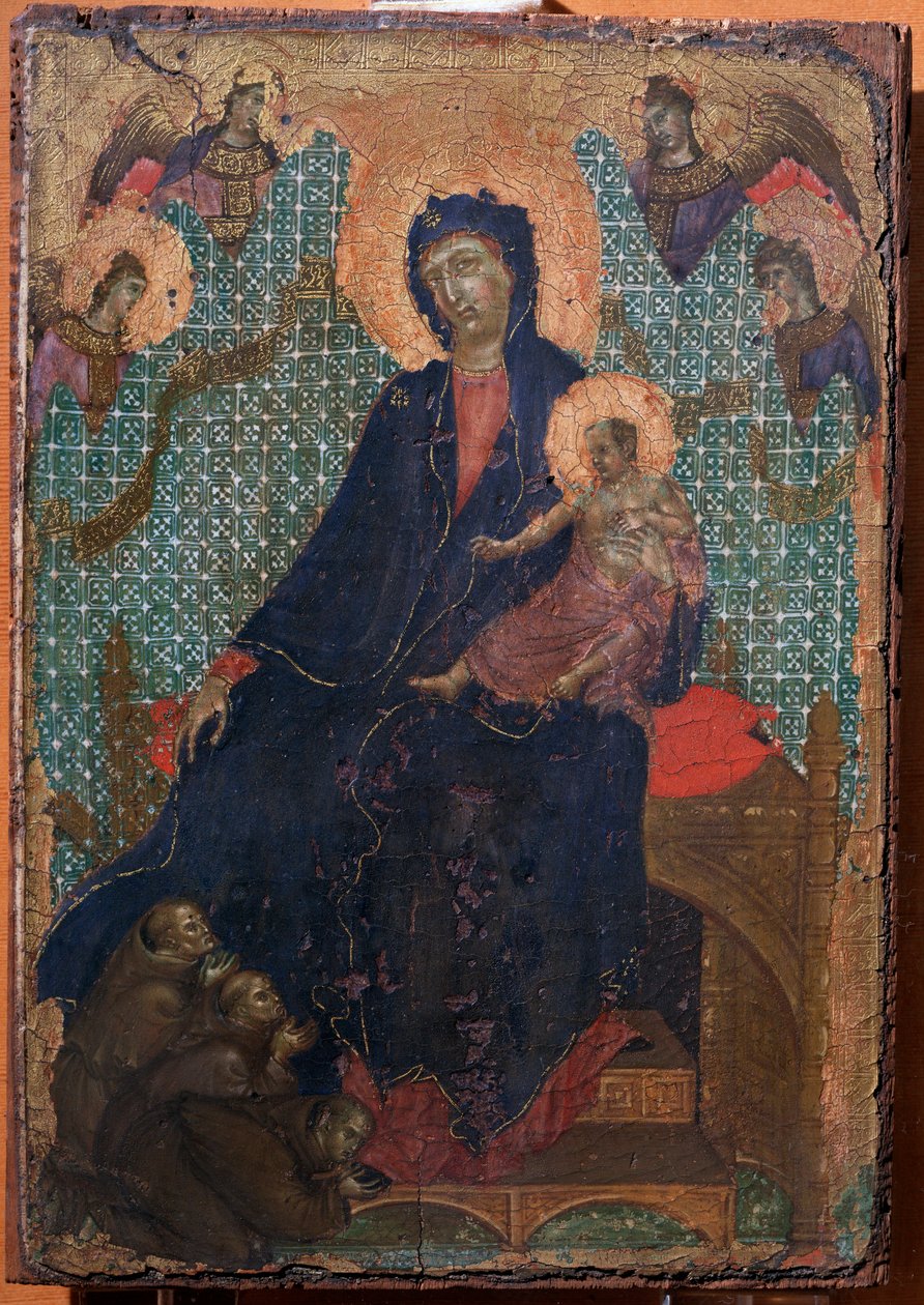 Jomfru og barn med tre franciskanske munke (maleri af Duccio di Buoninsegna