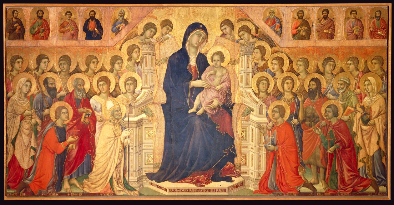 Jomfru tronet med et barn, omgivet af engle og hellige, centralpanelet i Maesta af Duccio di Buoninsegna