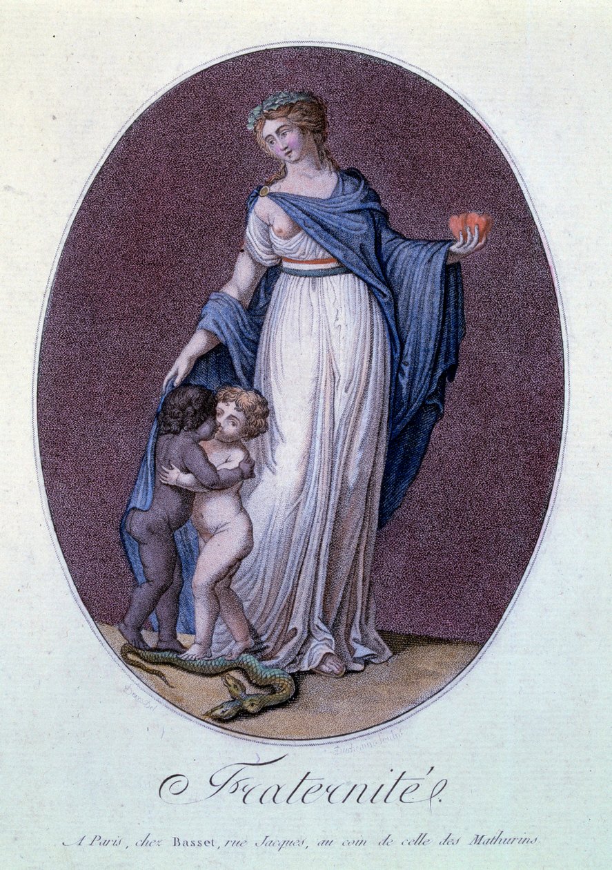 Fransk Revolution "" Fraternite"" Allegori mod Frankrigs slaveri med børn af forskellige farver, der kysser hinanden. Tryk af R. Duchemin (18. eller 19. århundrede) Paris, Musee Carnavalet af Duchemin Duchemin