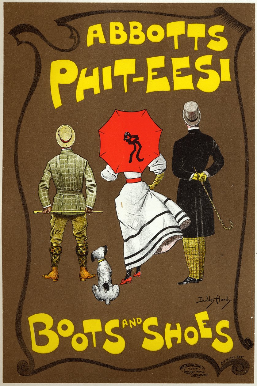 Livsstil. Mode. Abbots Phit-ees, støvler og sko butik, London. Plakat af Dudley Hardy, England, ca. 1890 (plakat) af Dudley Hardy