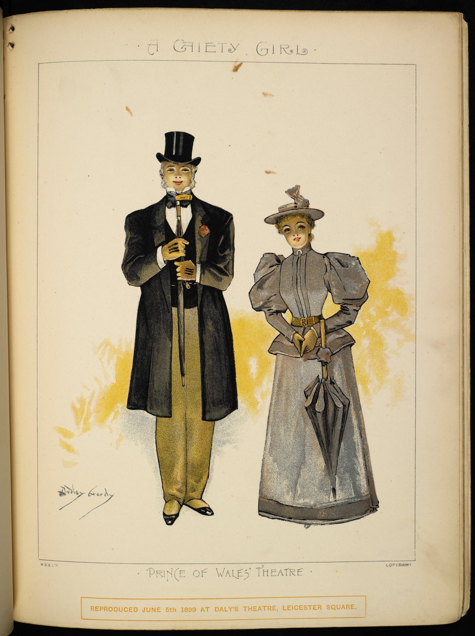 To af karaktererne. En herre og dame, muligvis Lady Grey. af Dudley Hardy