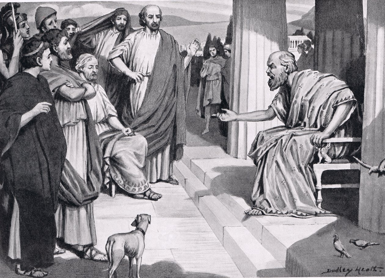 Sokrates henvender sig til athenerne, illustration fra Hutchinsons History of the Nations, 1915 af Dudley Heath