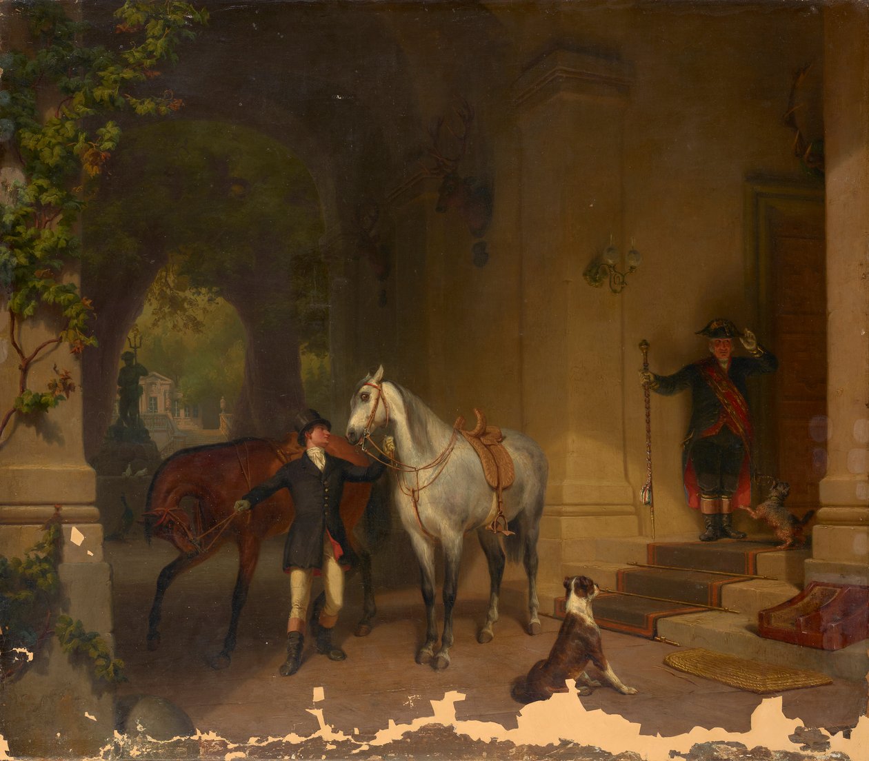 Ryttere med to heste foran slottet af Düsseldorfer Maler um 1850