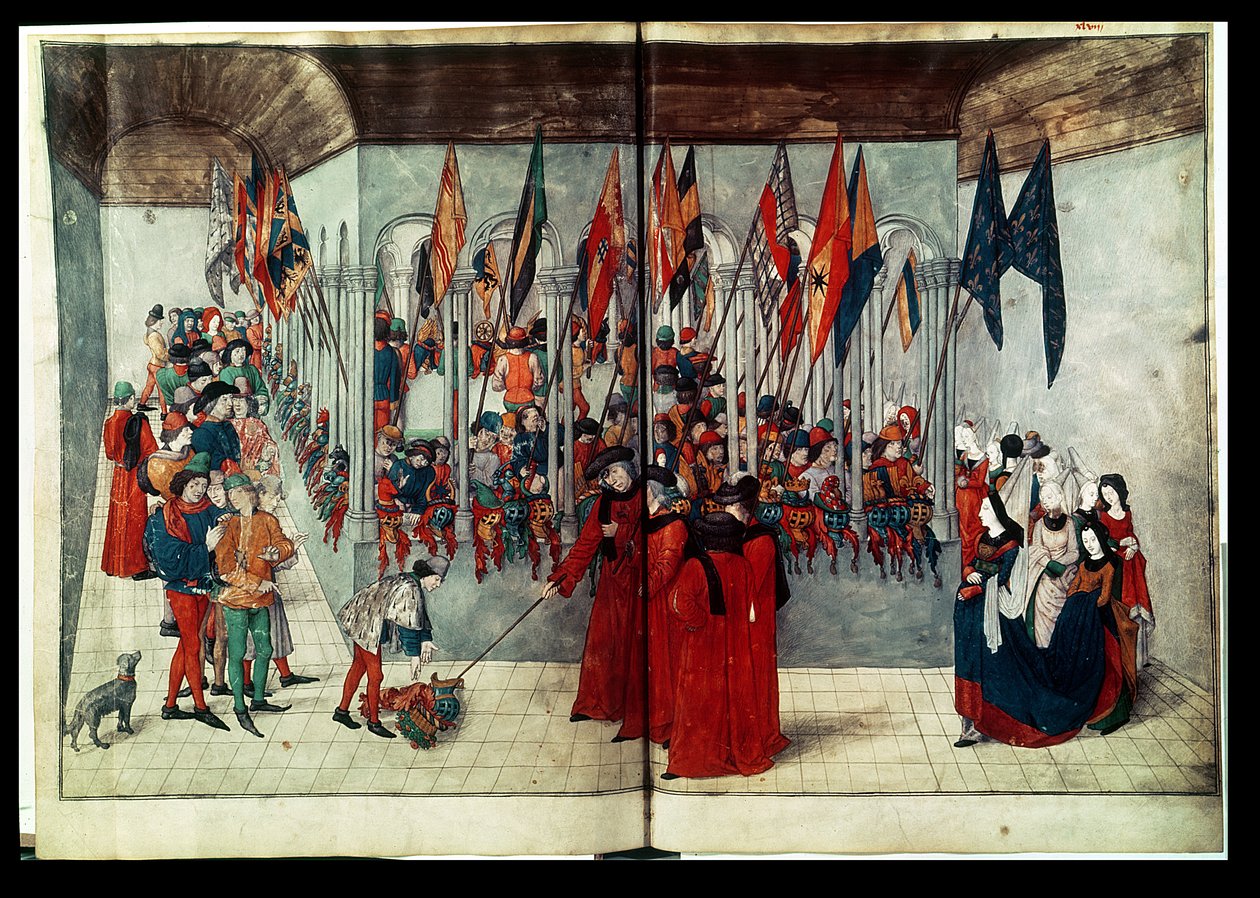 54998 bis fru fr. 2692 fol.47v-48r Forberedelser til en turnering, fra en afhandling af Duke of Anjou and King of Naples Rene or Renatus I