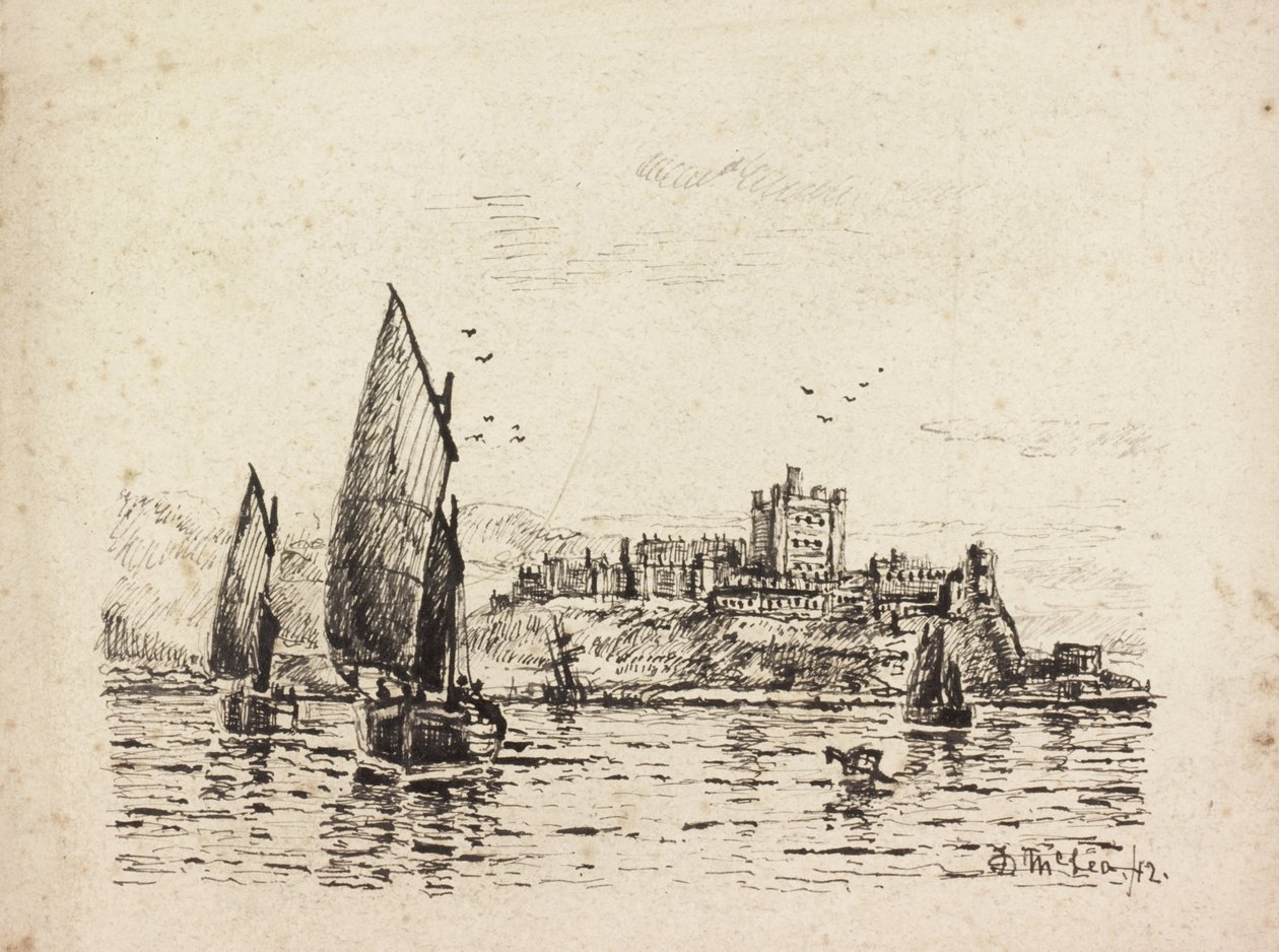 Ud for Bamburgh Castle (sort blæk på papir) af Duncan F. McLea