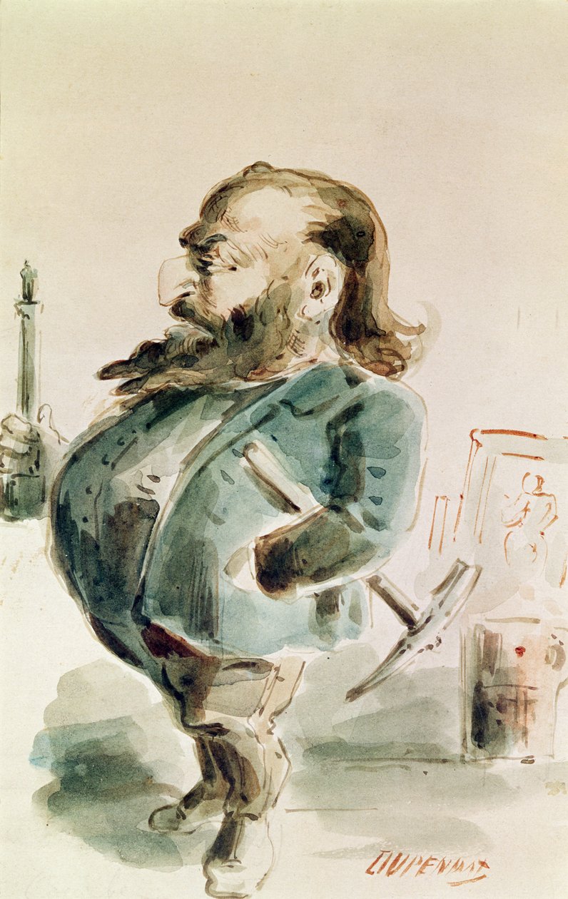 Karikatur af Gustave Courbet (1819-77) med Colonne de Vendome af Dupendant