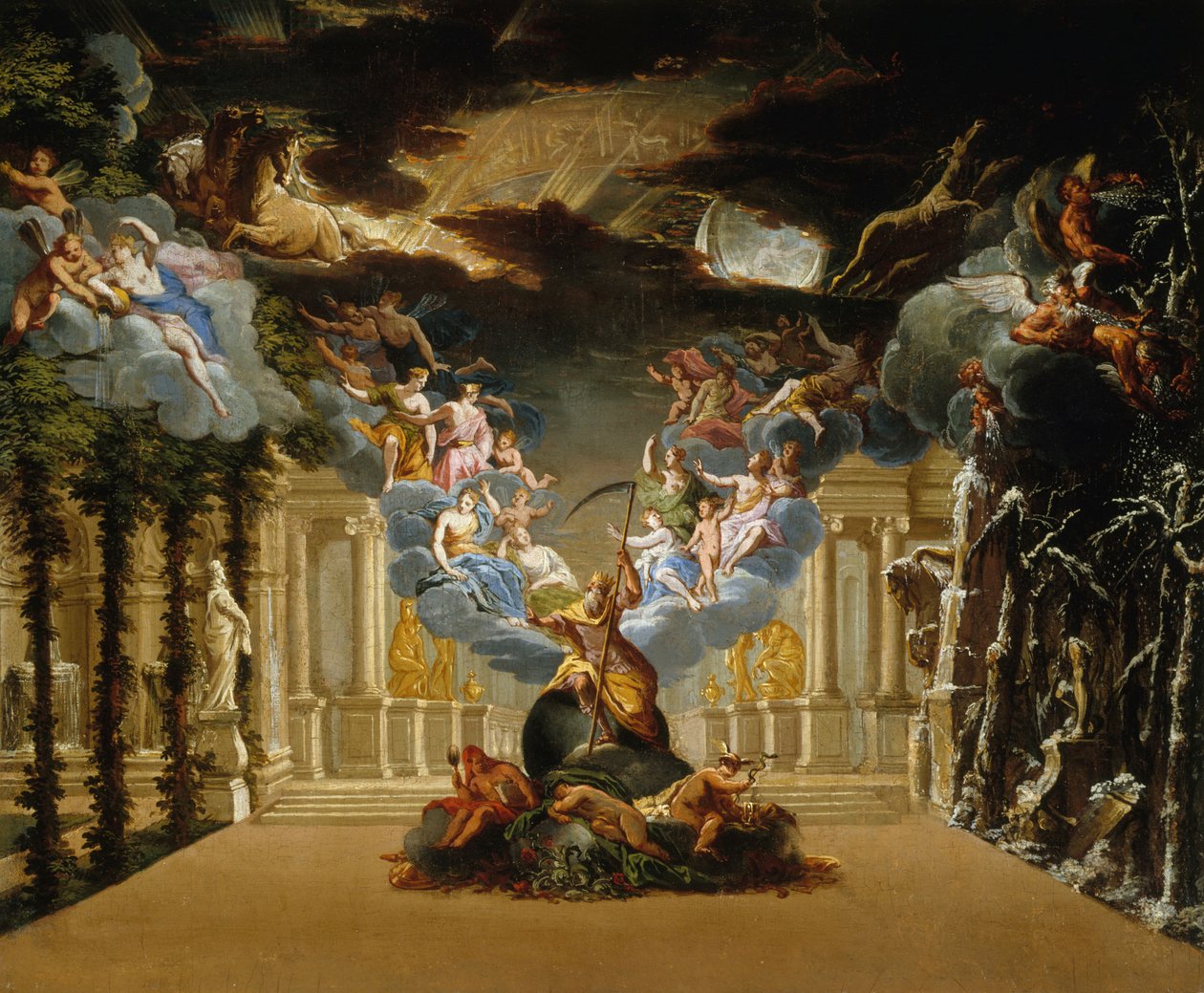 Scenedesign til Prologen af Tragédie lyrique Atys af Jean-Baptiste Lully, ca. 1708. af Duplessis