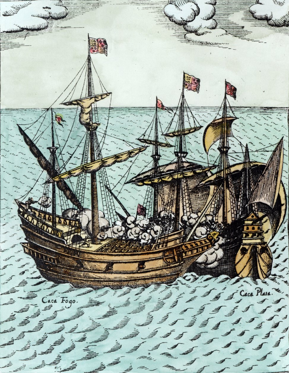 Et spansk skatskib plyndret af Francis Drake (ca. 1540-96) i Stillehavet (senere farvelægning) af Dutch School