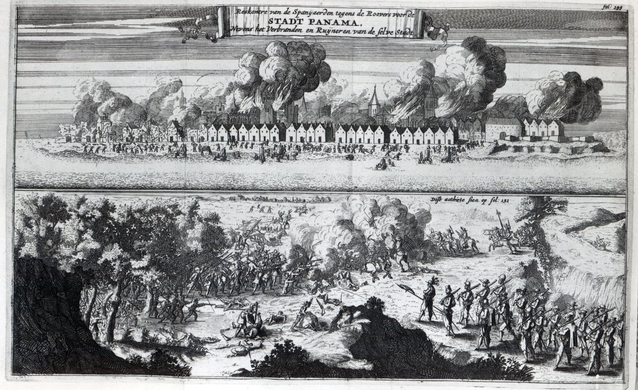 Kamp mellem Buccaneers og spanierne under angrebet på Panama i 1671, 1678 af Dutch School