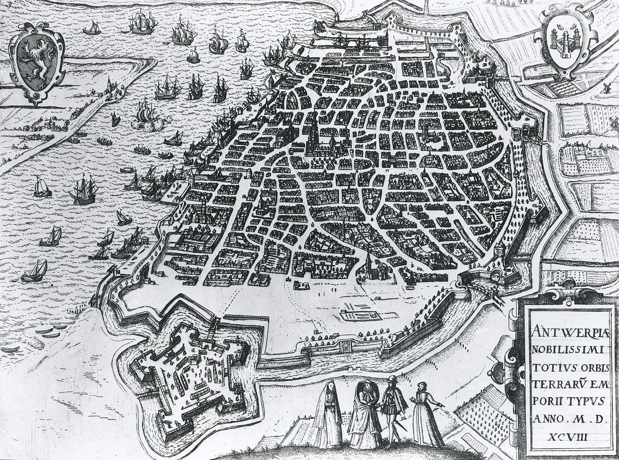 Kort over Antwerpen, 1598 af Dutch School