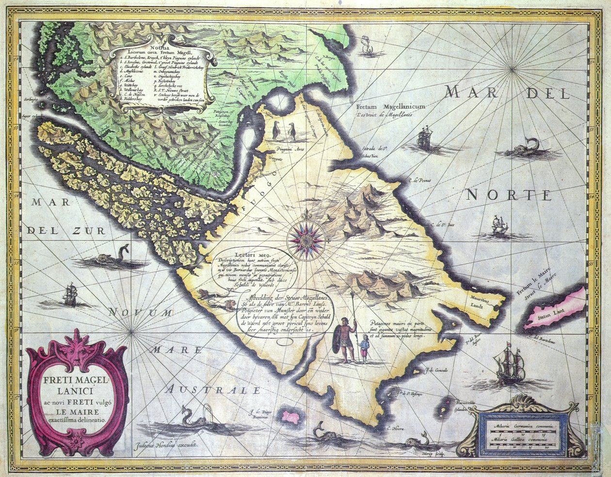 Kort over Magellan-strædet, Patagonien (farvegravering) af Dutch School