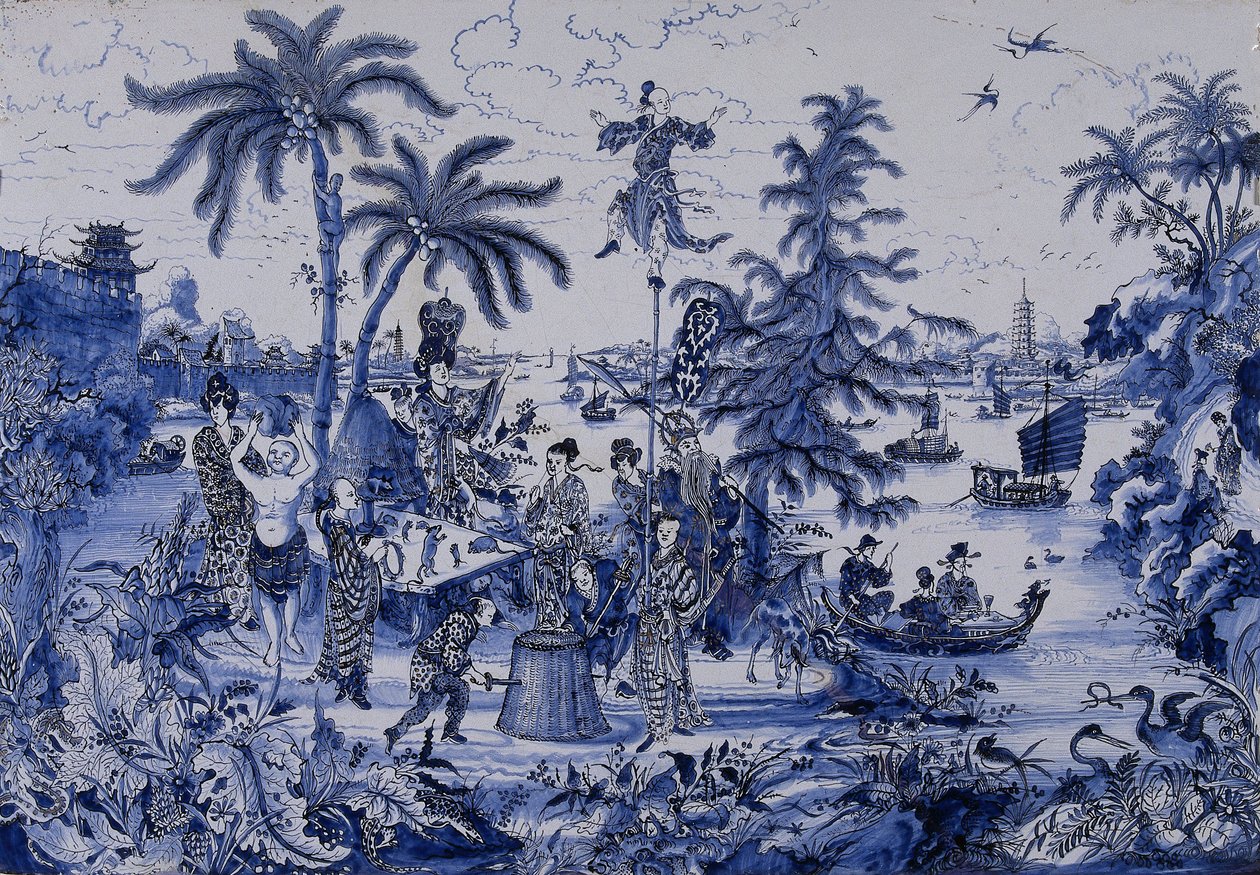 Plaquet med et Chinoiserie-landskab og forgyldte detaljer, ca. 1680 (fajance) af Dutch School