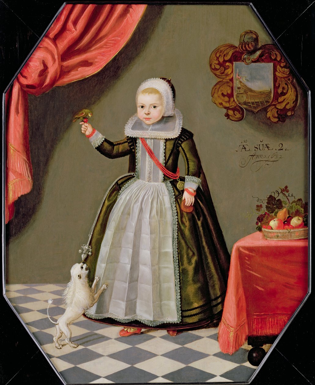 Portræt af en ung pige med en fugl på fingeren og en hund ved fødderne, 1632 af Dutch School
