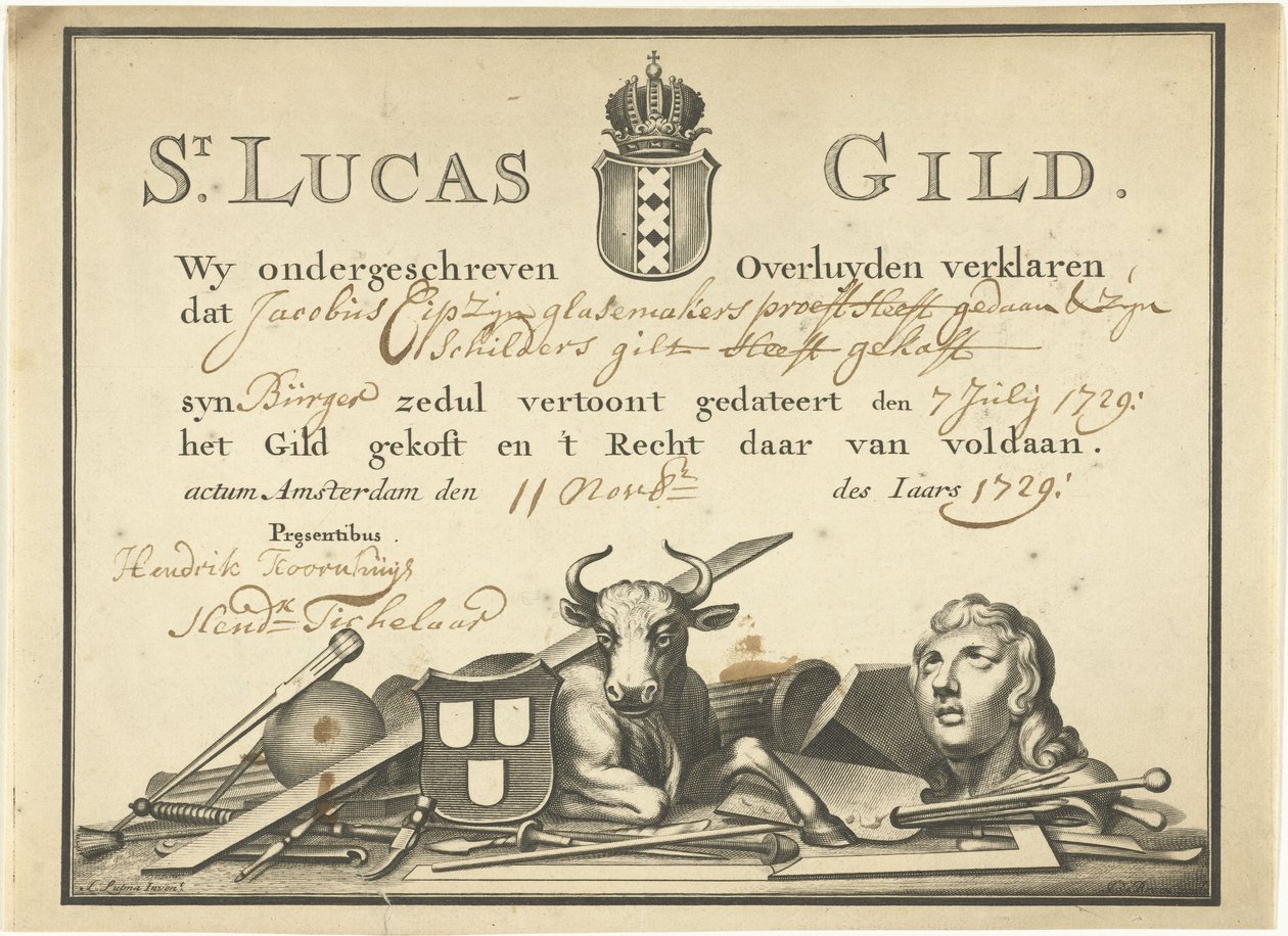 Kvittering fra Saint Luke-lauget i Amsterdam til glarmesteren James Cip, 1729 af Dutch School