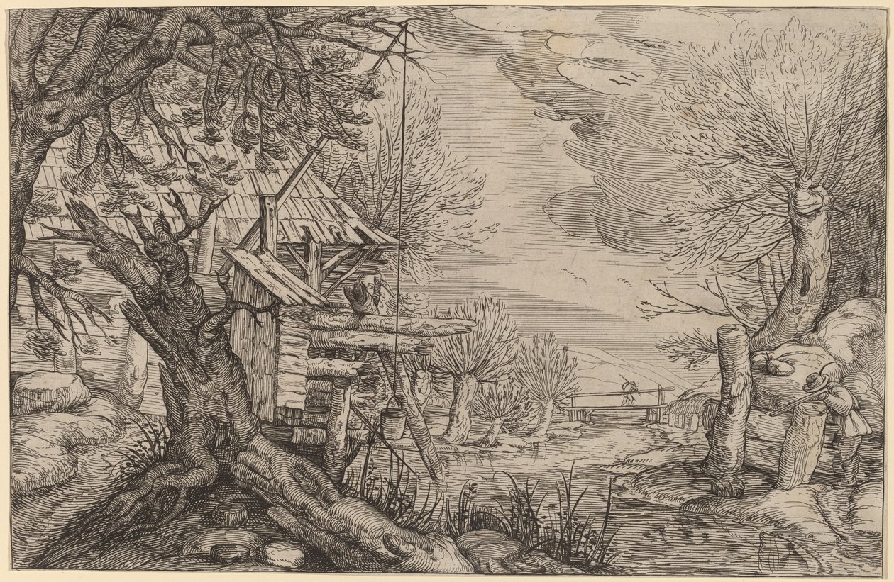 Landskab med bjælkehus nær en flod af Dutch 17th Century, formerly Jacques de Gheyn II