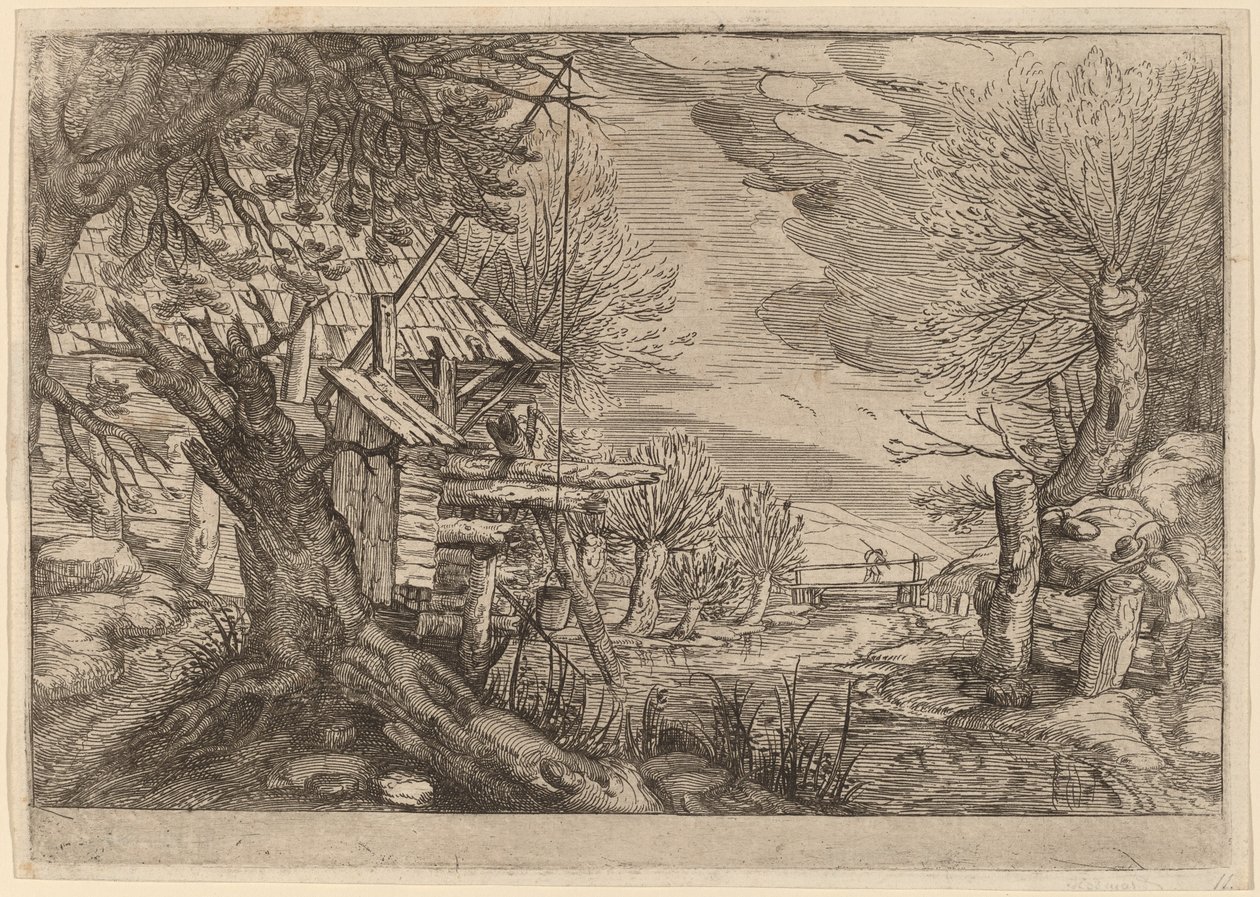 Landskab med bjælkehus nær en flod af Dutch 17th Century, formerly Jacques de Gheyn II