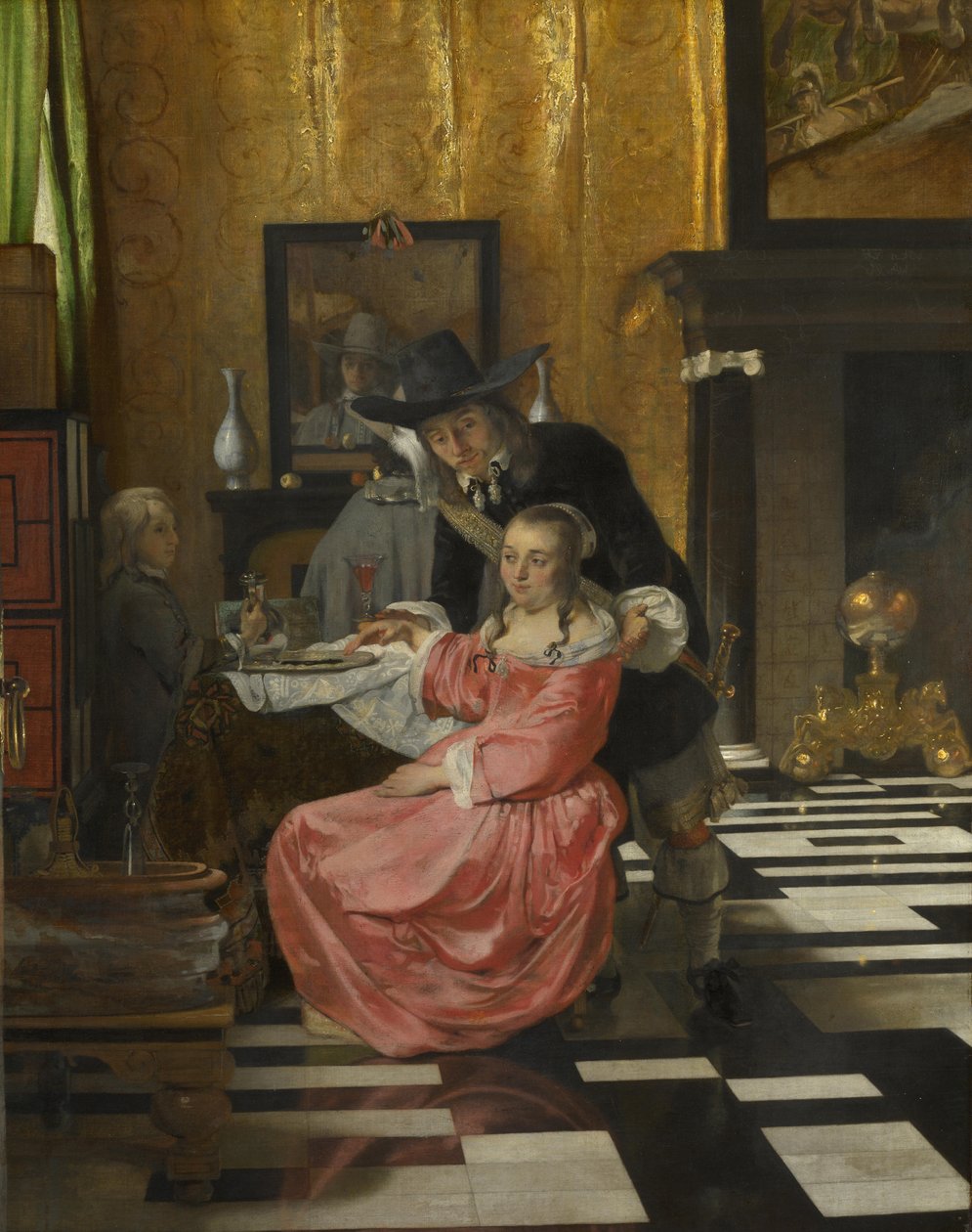 Et interiør, med en kvinde, der nægter et glas vin, ca. 1660 af Dutch Master
