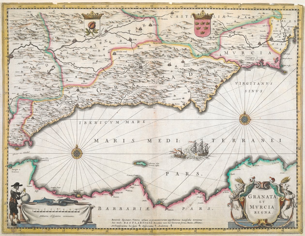 Et kort fra det 17. århundrede over regionerne Granada og Murcia i Spanien af Dutch School