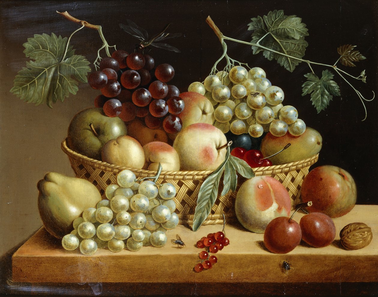 En kurv med druer, æbler, ferskner og andre frugter på en afsats, 1833 af Dutch School