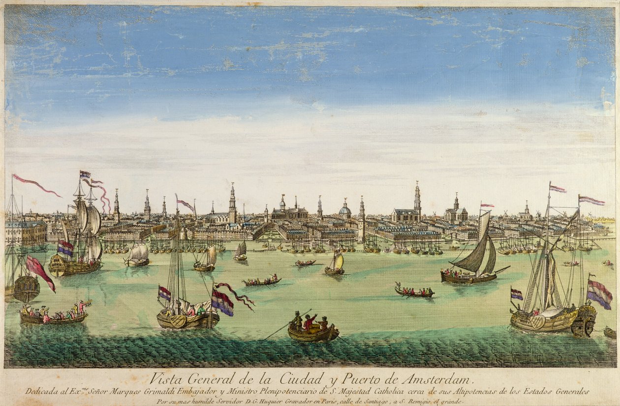 En oversigt over Amsterdams havn og by, stik af D.G. Hucquier, 16. århundrede af Dutch School