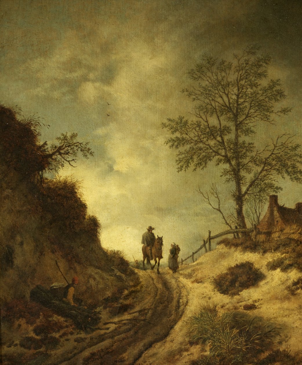 En rytter og andre figurer på en kuperet bane (olie på panel) af Dutch School