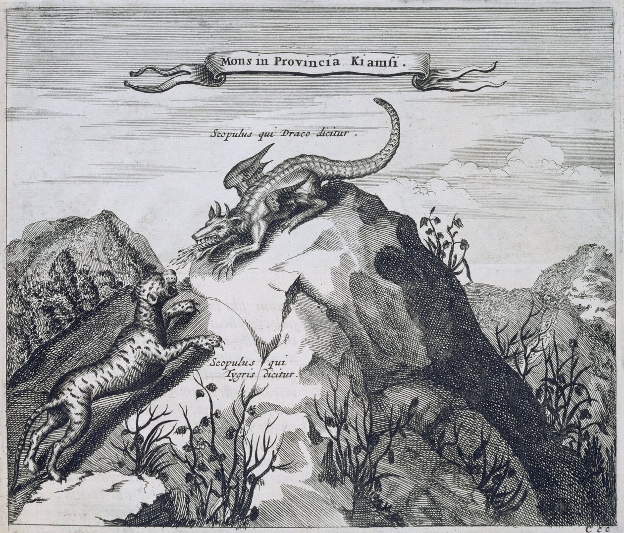 Et bjerg i Jiangxi-provinsen med kløfter kendt som dragen og tigeren, fra Kina Illustreret af Athanasius Kircher (1601-80) 1667 af Dutch School
