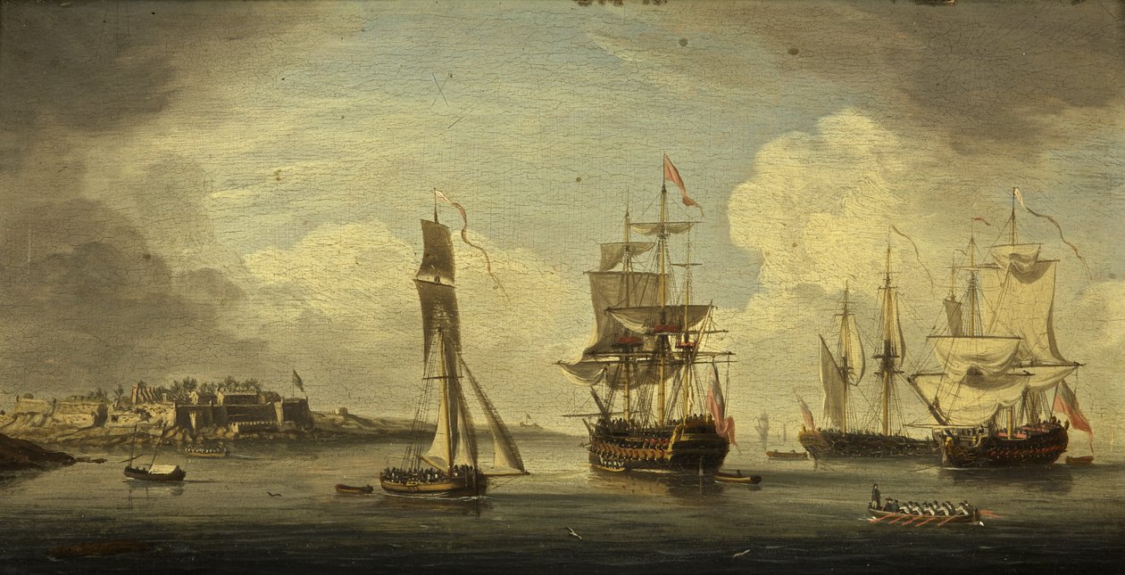 A Sea Port (olie på panel, mahogni) af Dutch School